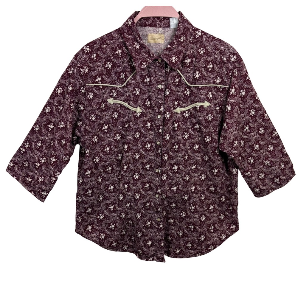 Vtg Wrangler Womens Paisley Pearl Snap Western Button Shirt 3/4 Sleeve Y2K 90s